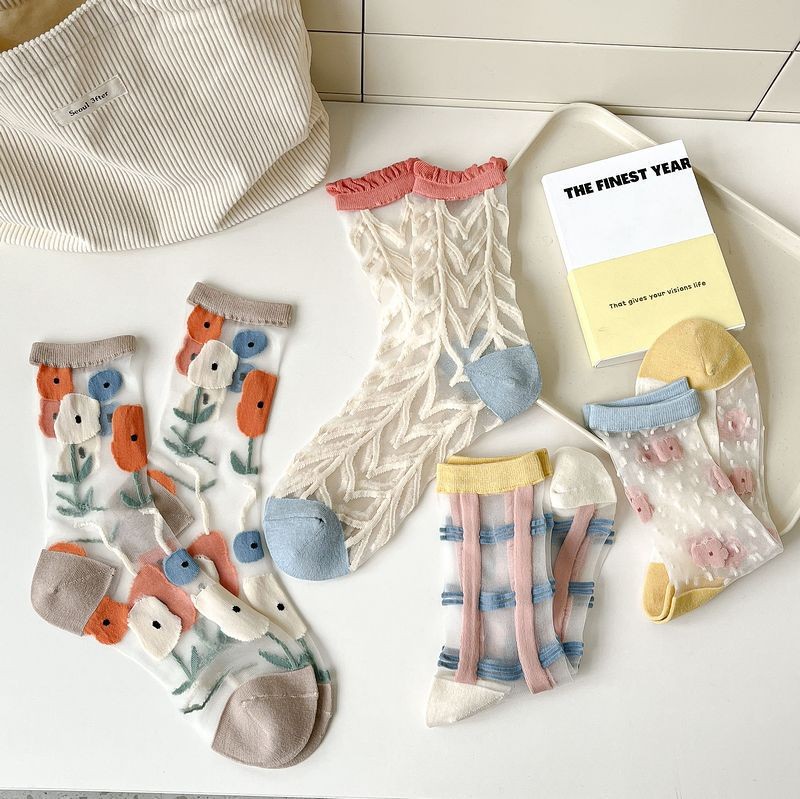 Mixed Color Summer Midsole Socks, Flower Transparent Crystal Glass Fiber Women's Socks