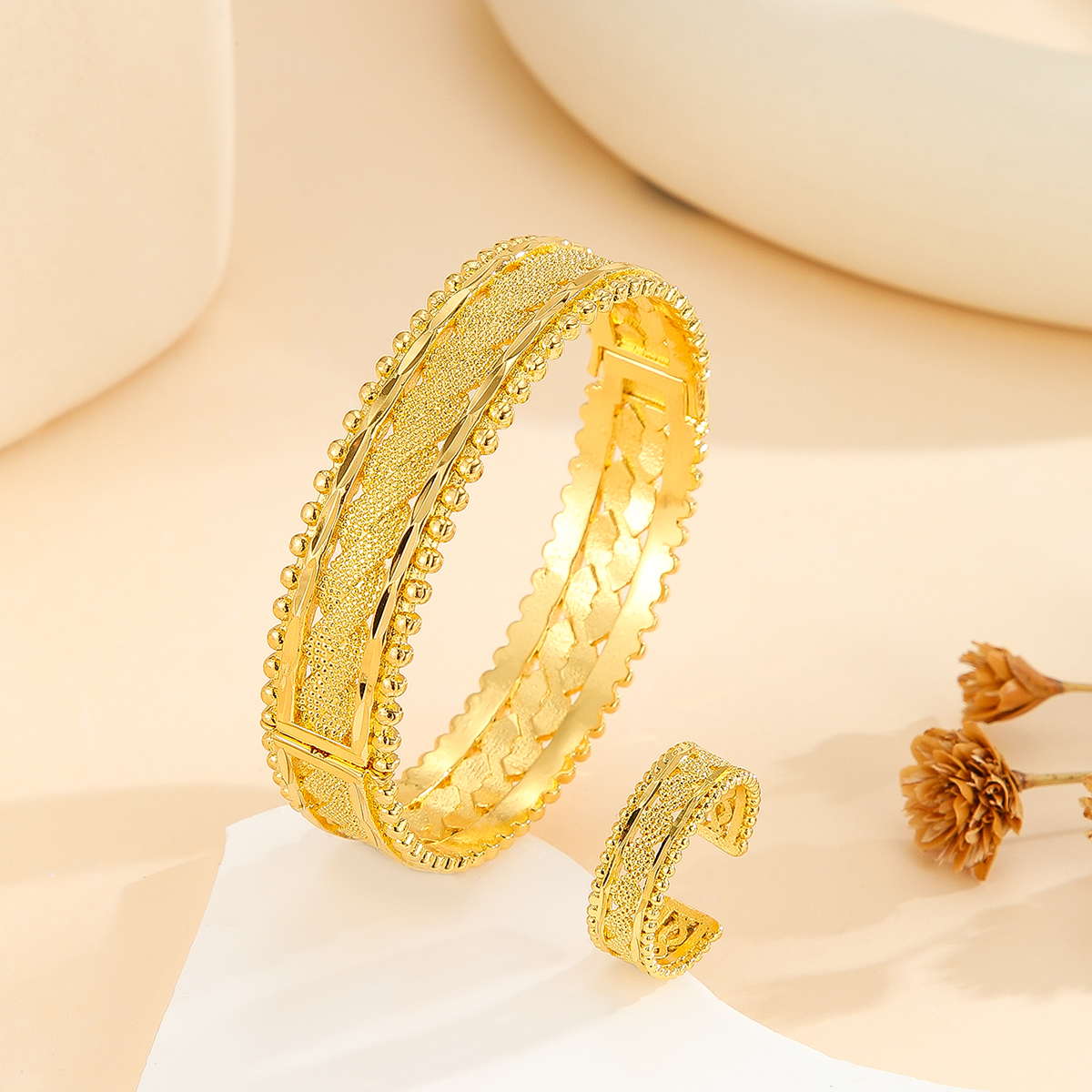 2pcs Vintage Gold Plated Bracelet, Open Bracelet Ring Jewelry, Women's Festival Wedding Jewelry Set — foto 6
