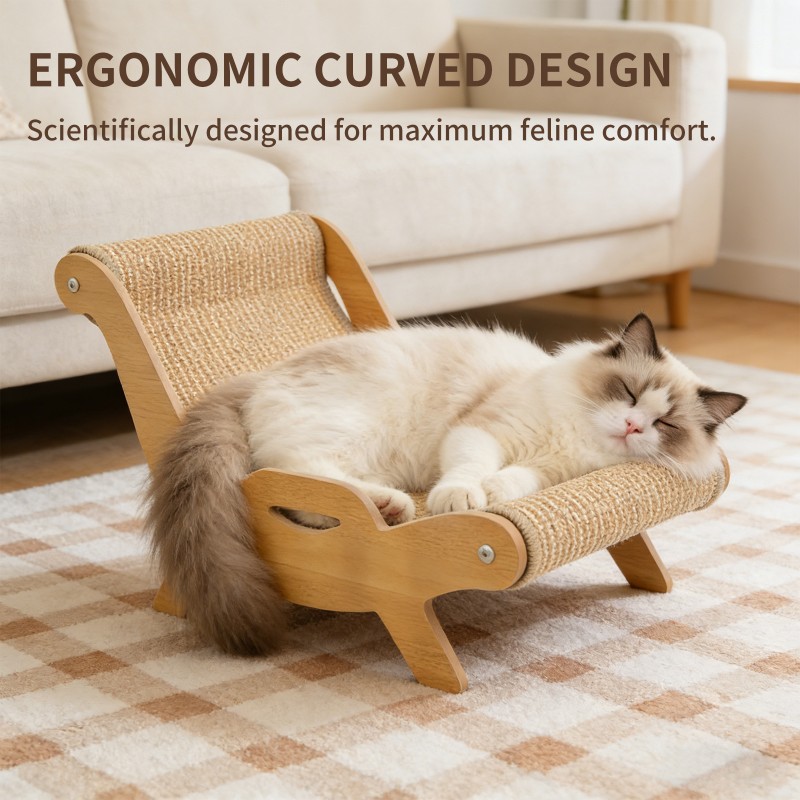 51.5-32-35cm Sisal Cat Scratcher Lounge Chair, Wooden Frame -Sisal Scratching Surface, 2-in-1 Scratching & Lounging