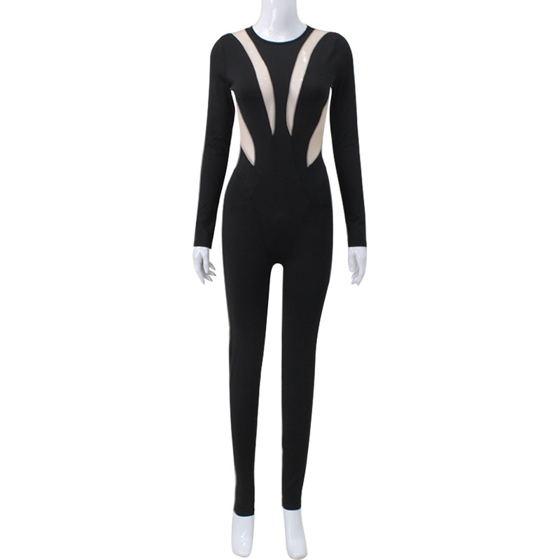 Round Neck Long Sleeve Patchwork Assorted Colors Long Jumpsuit