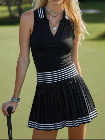 Black & White Striped Sleeveless Tennis Dress