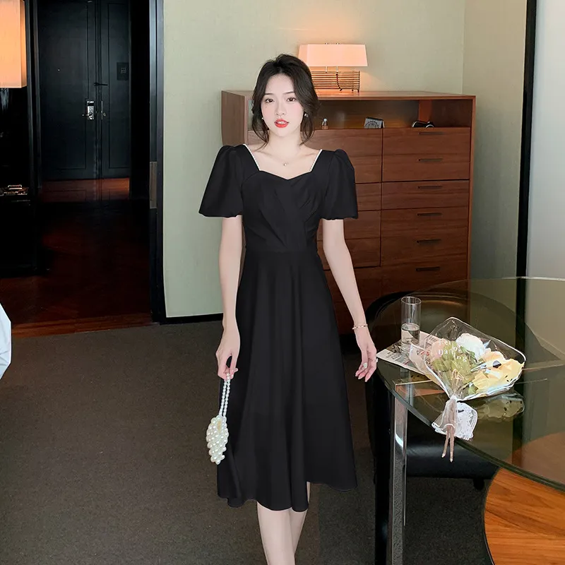 Summer French Bubble Sleeve Dress Girl - Black