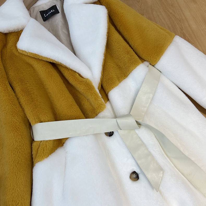 Faux Fur Color Block Suit Collar Warm Women's Coat