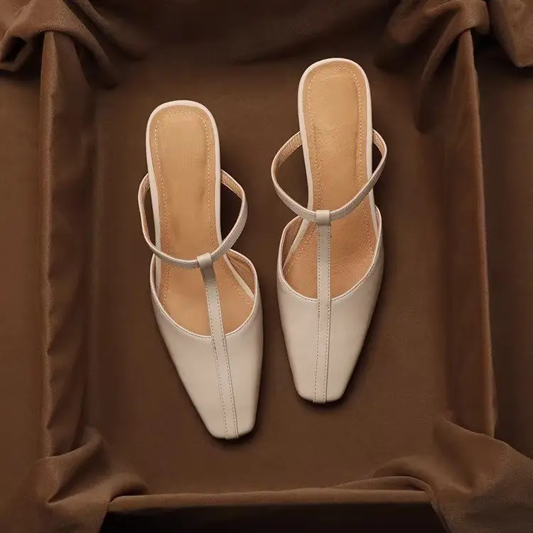 French Vintage Square Toe Block Heel Mule