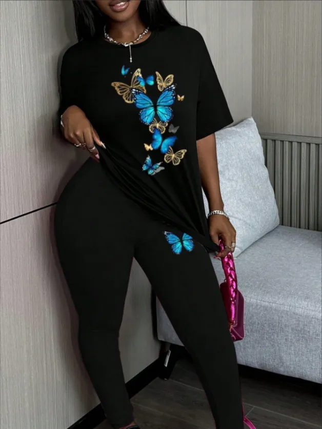 Women's Alphabet Printed Round Neck T Shirt And Leggings Set Black - Shop at LoveMi