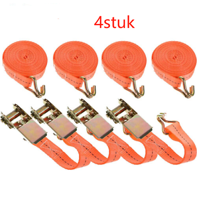 Four-pack orange ratchet tie-down straps with steel J-hooks