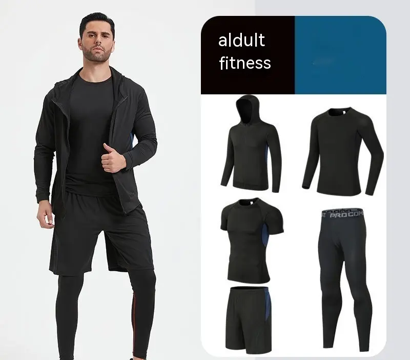 Fitness Suit Men's Morning Running Night Running Sports Quick-drying Five-piece Tights Foot Basketball Training Wear Wholesale