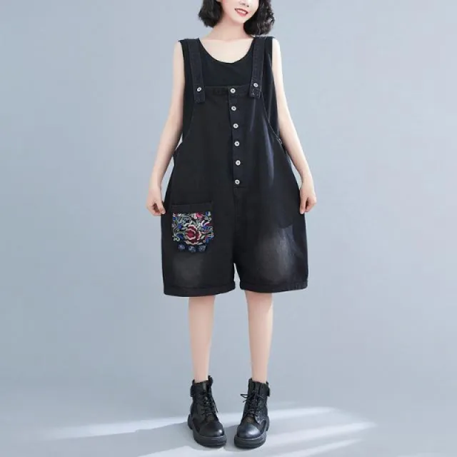Fat Mm Artistic Style Embroidered Denim Suspenders Red - Shop at LoveMi