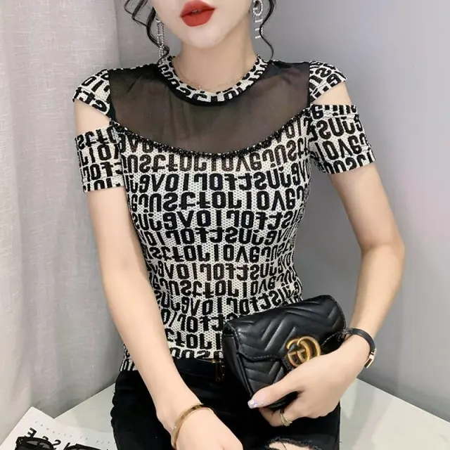 Summer New Round Neck Hand beaded Short sleeved T shirt Women Small Letters - Shop at LoveMi