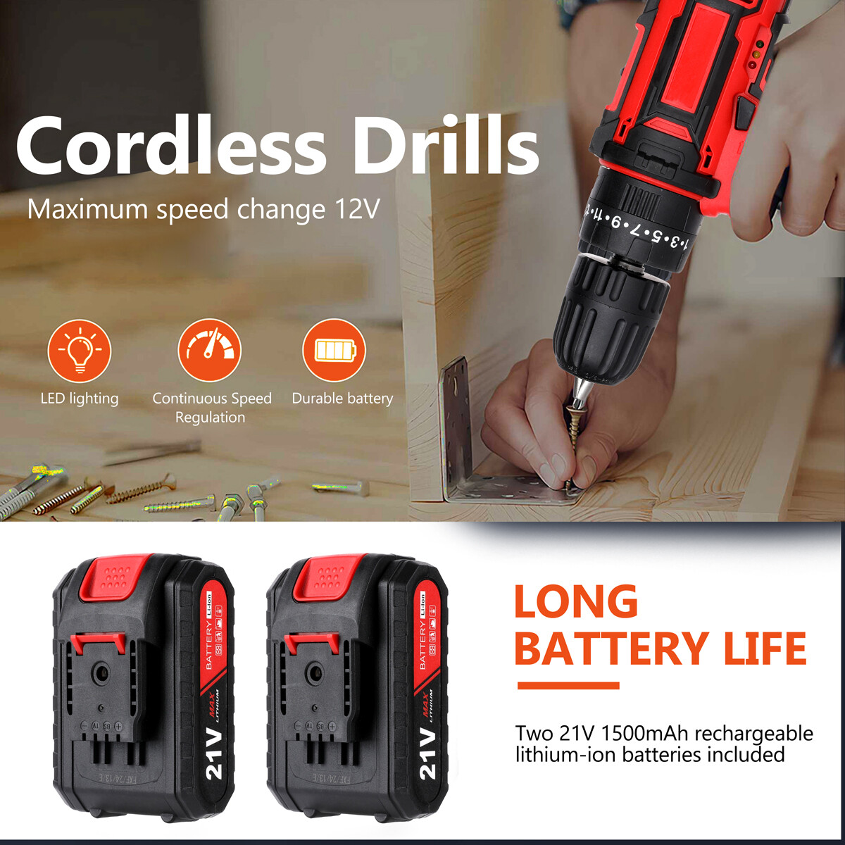21V Cordless Hammer Drill Set Electric Impact Driver Screwdriver - 2 Battery 5