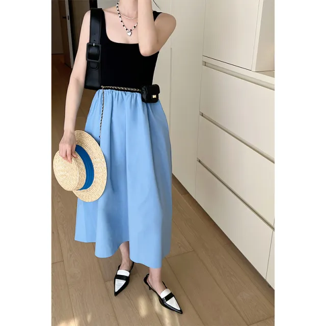 Knitted Stitching Suspender Large Swing A line Long Skirt Blue - Shop at LoveMi