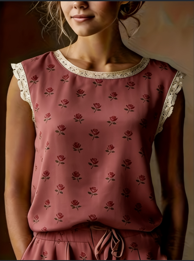 French Ditsy Floral Lace Flutter Sleeveless Blouse