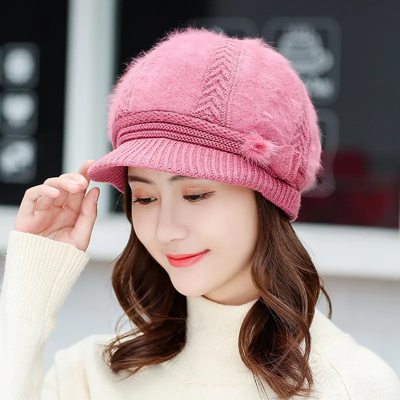 Women's Fashionable Warm Padded And Thick Knitted Wool Hat - Leather Red