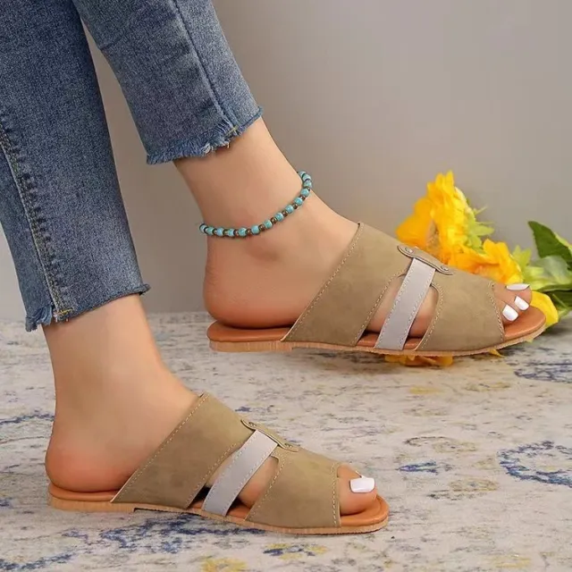 New Fish Mouth Sandals With Belt Buckle Design Summer Beach Shoes For Women Fashion Casual Low Heel Flat Slides Slippers Khaki - Shop at LoveMi
