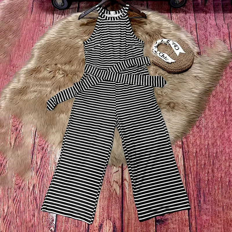Womens Casual Striped Jumpsuits Summer Cap Sleeve Wide Leg Jumper Romper Button Down Travel Beach Outfits