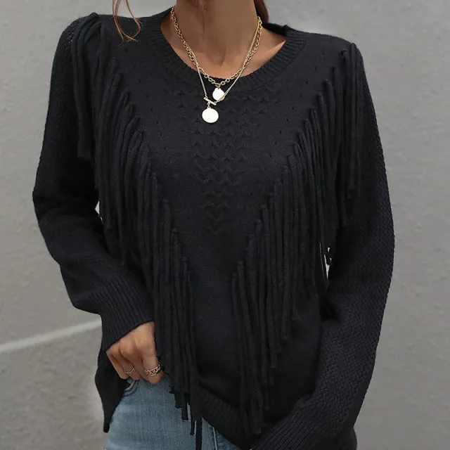 Women's Fringe Tassel Sweater Casual Long Sleeve Crewneck Knit Pullover For Fall Black - Shop at LoveMi