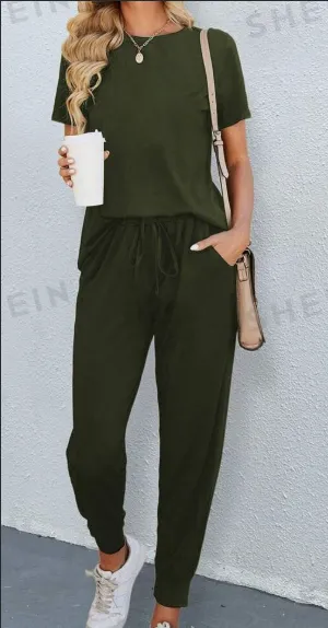 Solid Round Neck Tee & Pants Set Army Green - Shop at LoveMi