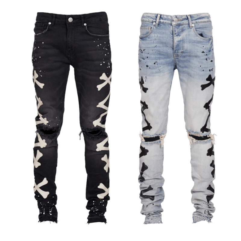 Title 3, Heren ripped jeans met bottenprint, stretch. Eu...