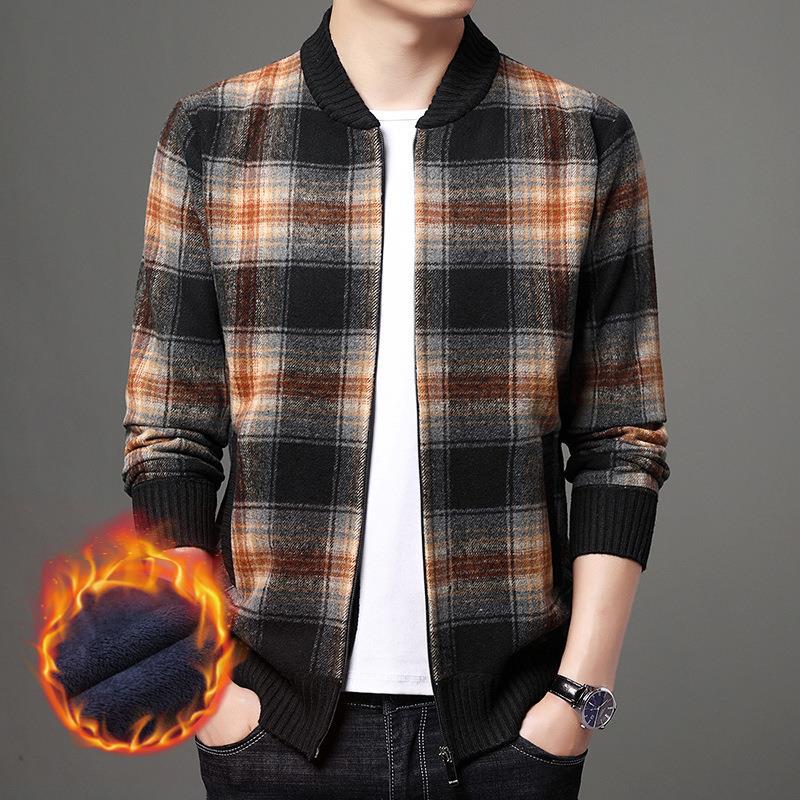 Fleece Jacket Zipper Cardigan Casual Plaid