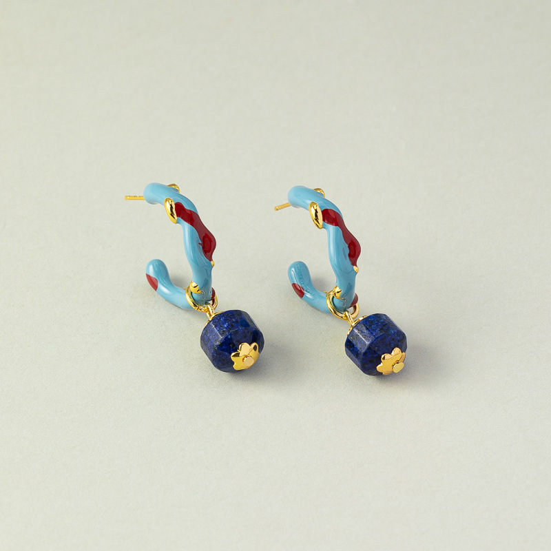 Title 1, Coral Enamel Glaze Natural Lapis Earrings