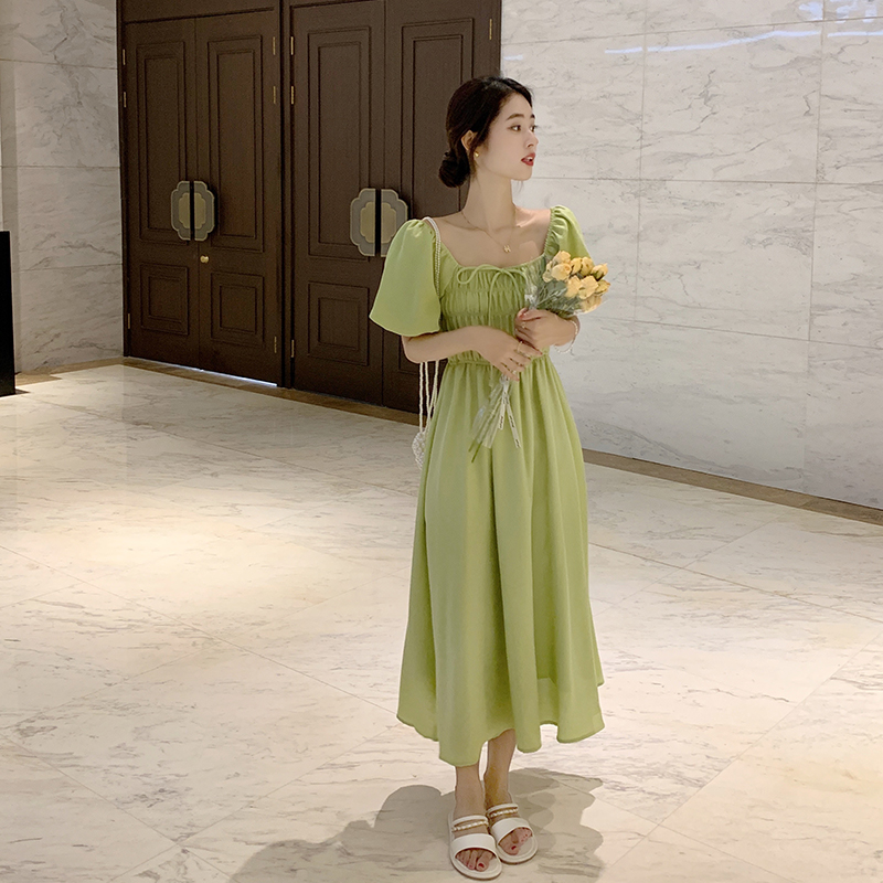 Women's Retro Square Neck Bubble Sleeve Dress