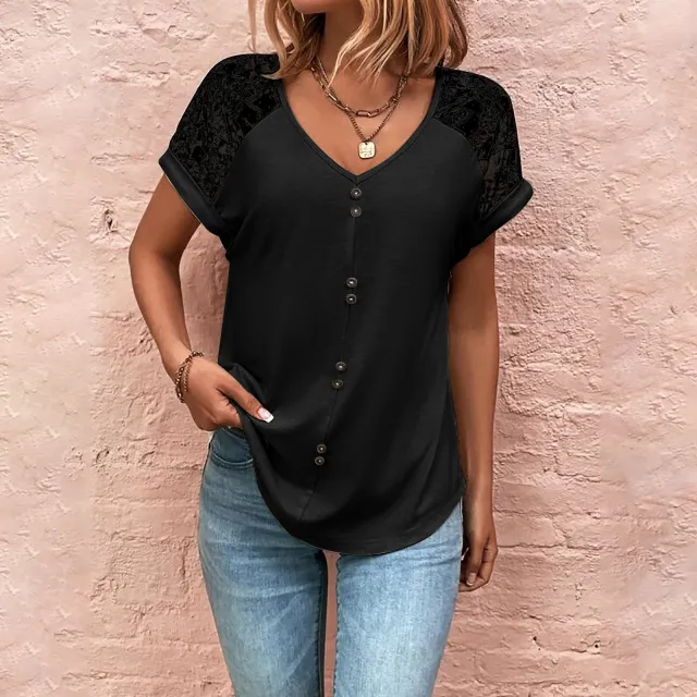 Women's T Shirt Lace Stitching V neck Top With Button Casual Summer Short Sleeve Pullover Shirt Black - Shop at LoveMi