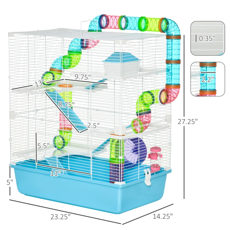 Hamster Cage With Tubes And Tunnels, Portable Carry Handles, Rat House And Habitats Big 5-Tier Design, Mouse Cage Includes Exercise Wheel, Water Bottle, Food Dish, Light Blue