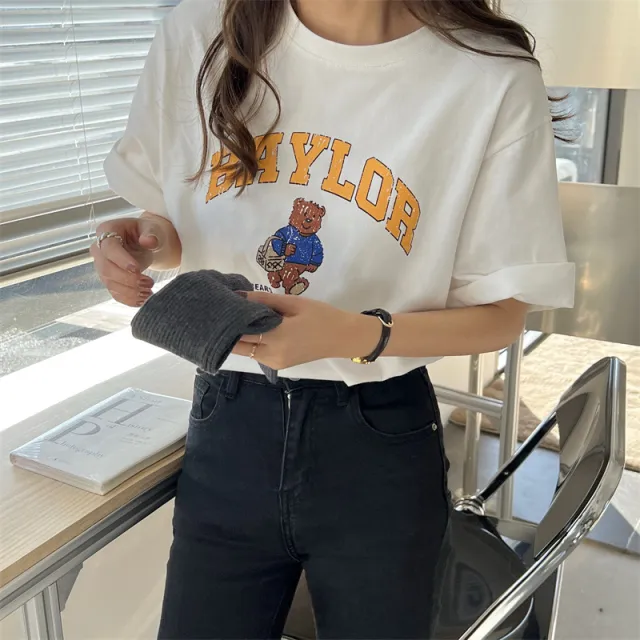 Bear Print Versatile Loose Casual Round Neck Short Sleeve T Shirt Women White - Shop at LoveMi
