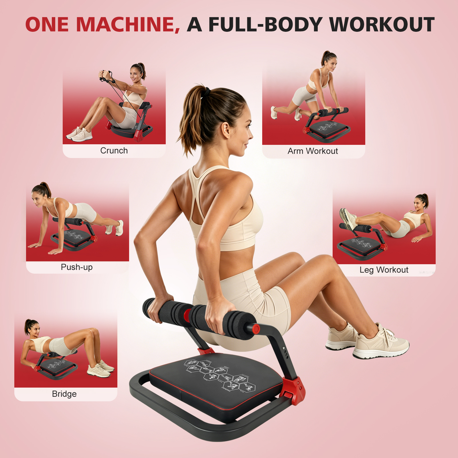 Ab Core Trainer Abdominal Machine For Home Gym With Resistance Bands Red 6