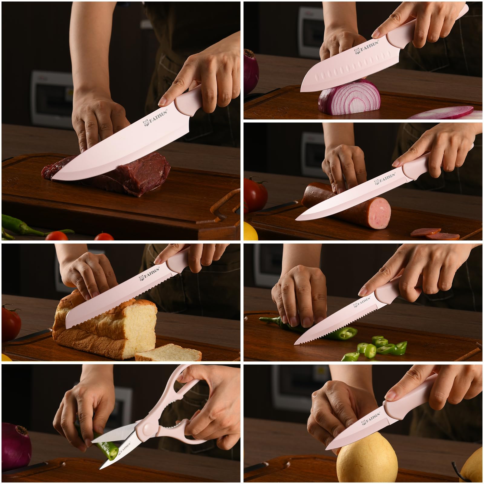 Kitchen Knife Set With Guards, 13 Piece Pink Non-Stick Boxed Knives Set, Anti-Rust And Dishwasher Safe, 6 Knives With 6 Blade Covers And Kitchen Shears 4