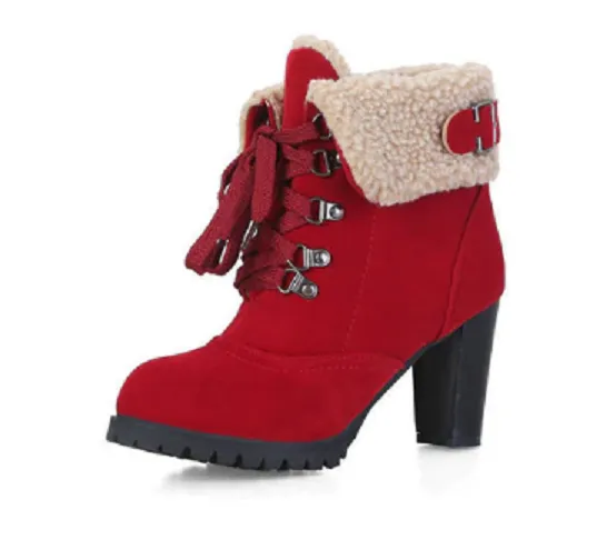 High-heeled scrub short boots - Red