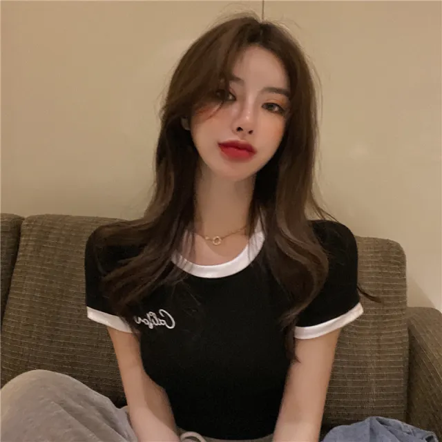 Retro Slim Slimming All match Color Short sleeved T shirt Black - Shop at LoveMi