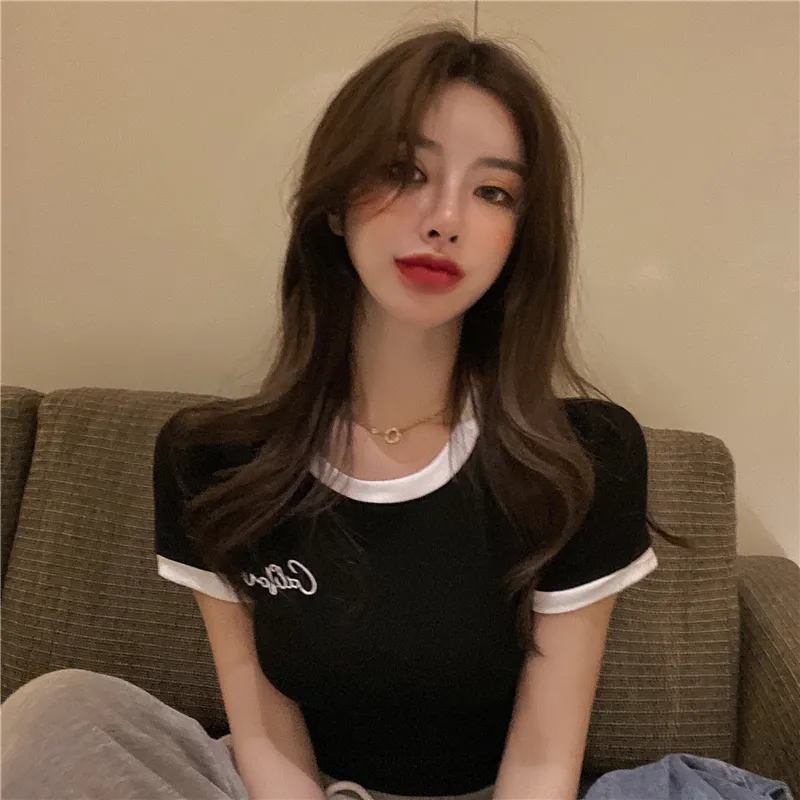 Retro Slim Slimming All-match Color Short-sleeved T-shirt - Black