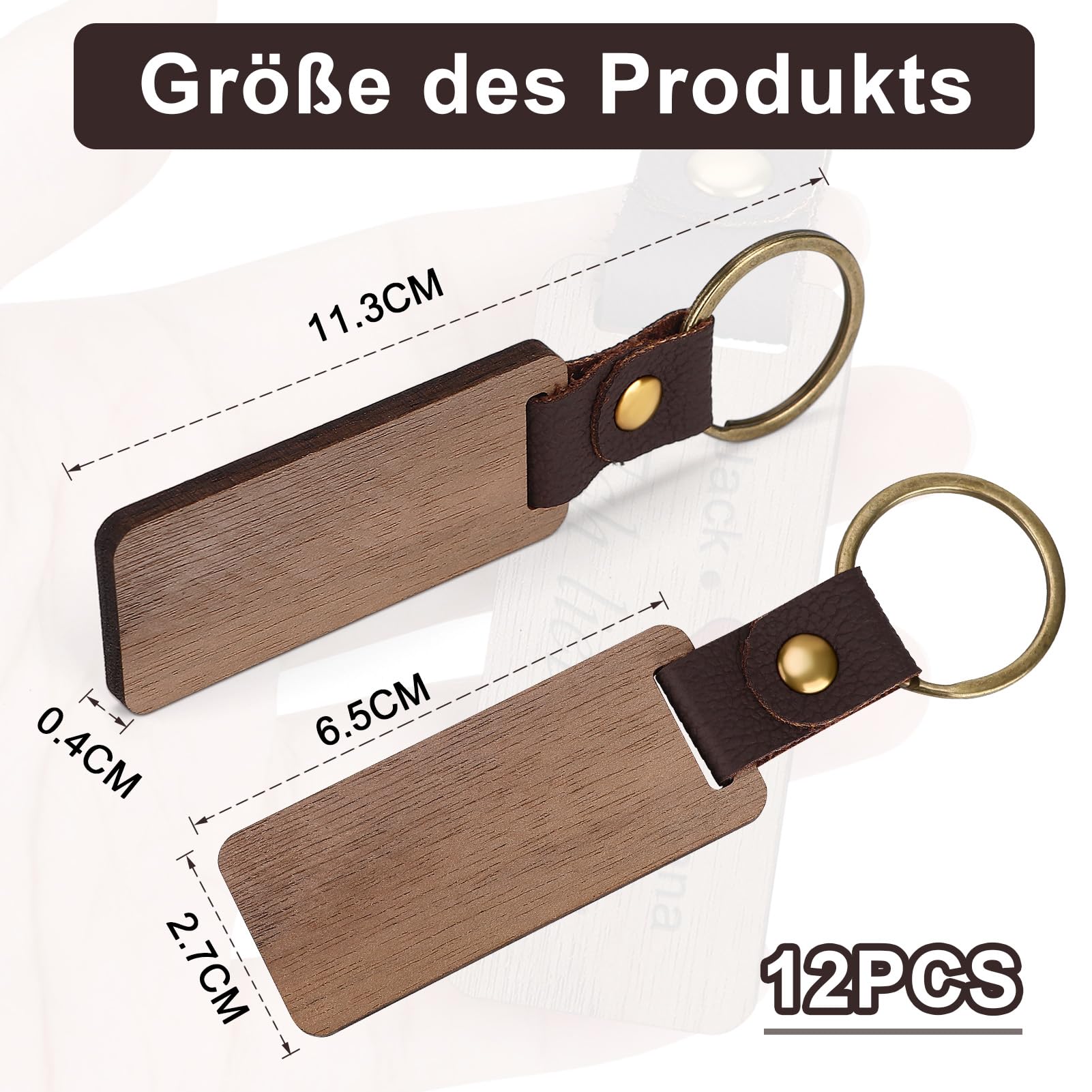 Pack Of 12 Wooden Key Chains Rectangular Fob Made Of Wood And Leather Blanks — image 4