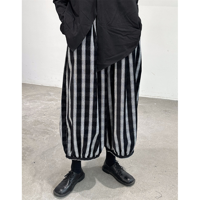 Title 5, Elastic Waist Loose Stripe Dark Grid Contrast L...