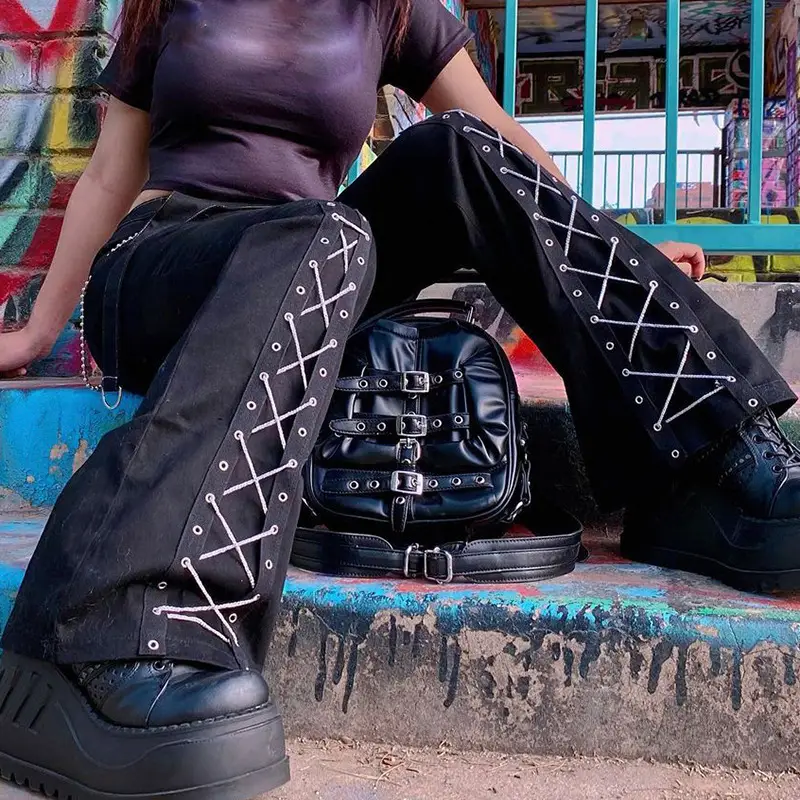 Slim High Waist Slimming Dark Black Lace Up Woven Bootcut Trousers