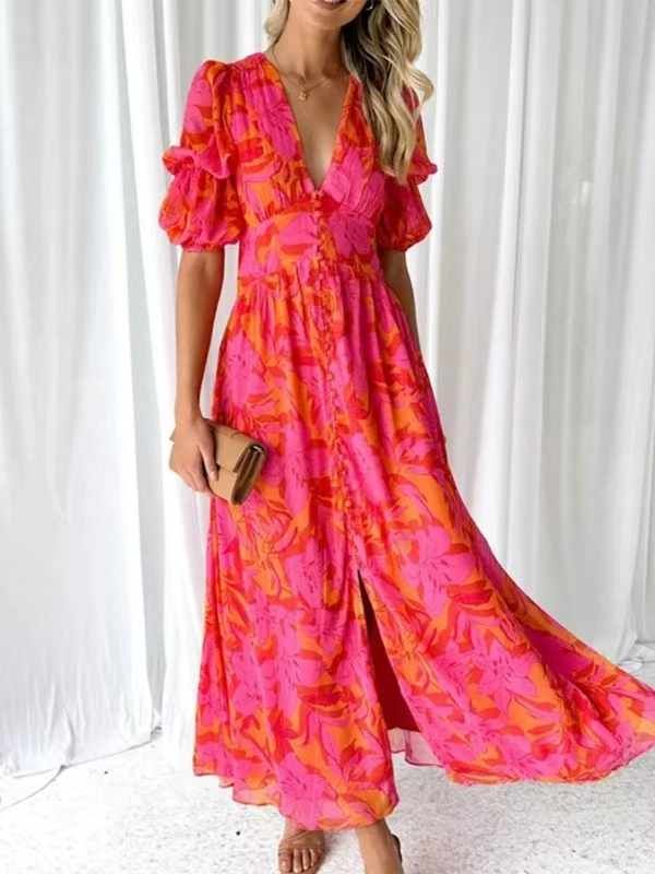 New Stock Cross-border European And American Women's Short Sleeved Bubble Sleeve V-neck Button Fashionable And Elegant Long Dress