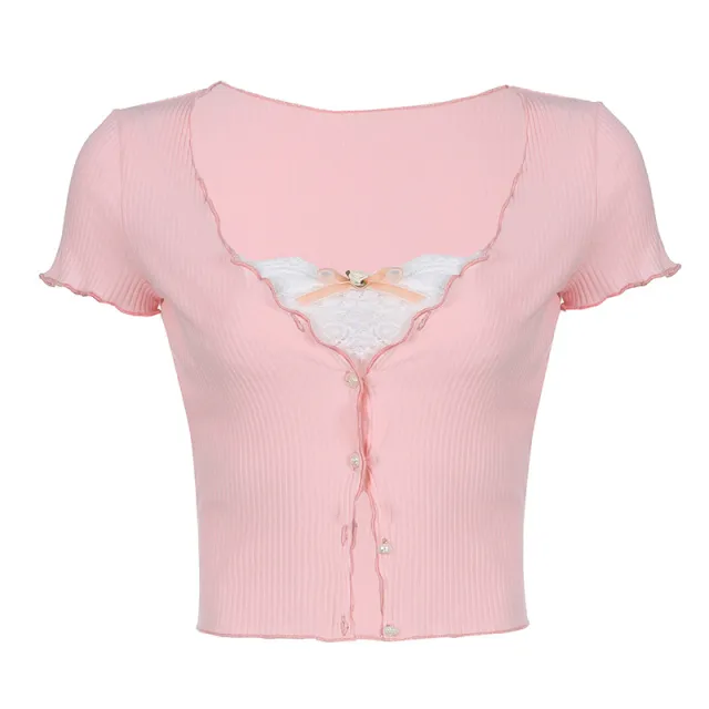 Slim Fitting V neck Lace Top Cardigan Pink - Shop at LoveMi