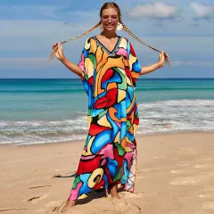 Beach Blouse Rayon Positioning Printing Gown - Multicolour Block - View 1
