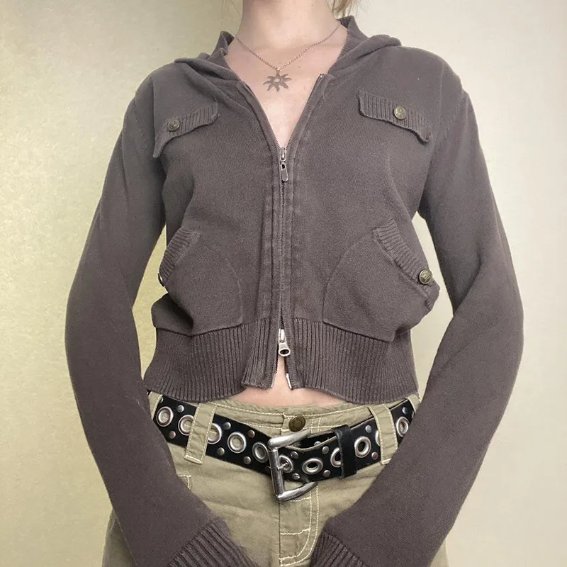 Solid Colour Jacket With Double Zippered Pockets And Buttons - Brown