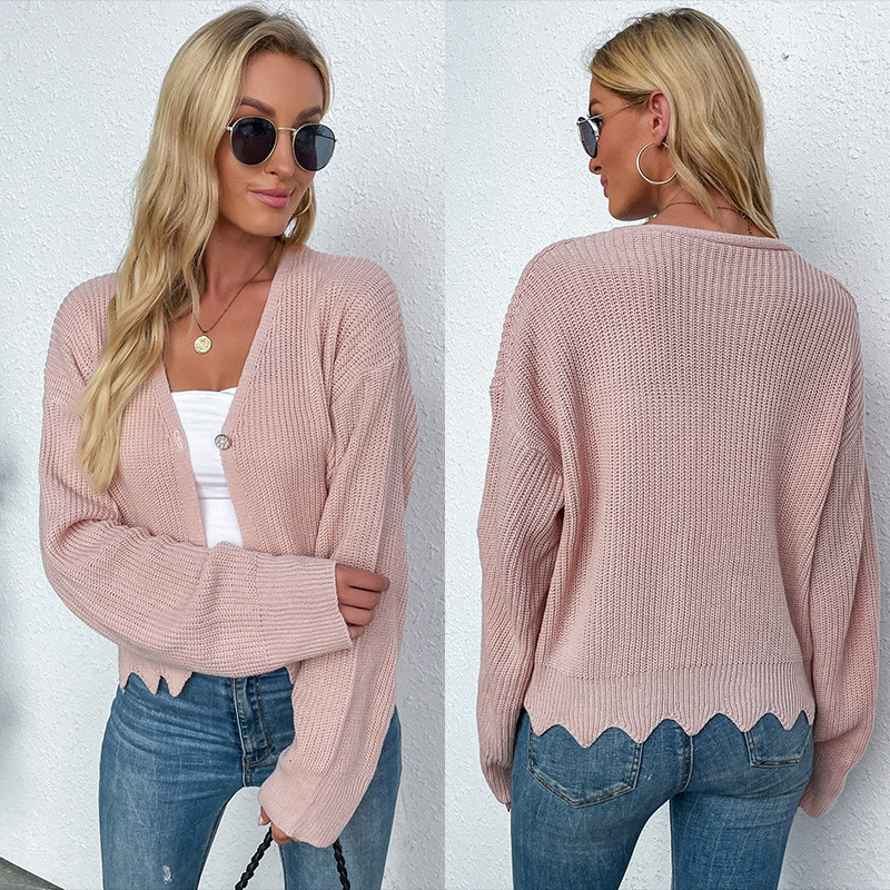 Women's Long Sleeve Wavy Edge Knit Cardigan Sweater