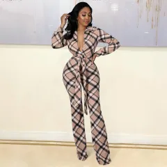 Tight-Fitting Lace-Up Plaid One-Piece Flared Pants - Brown - View 1