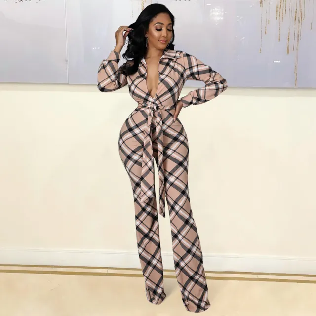 Tight Fitting Lace Up Plaid One Piece Flared Pants Brown - Shop at LoveMi