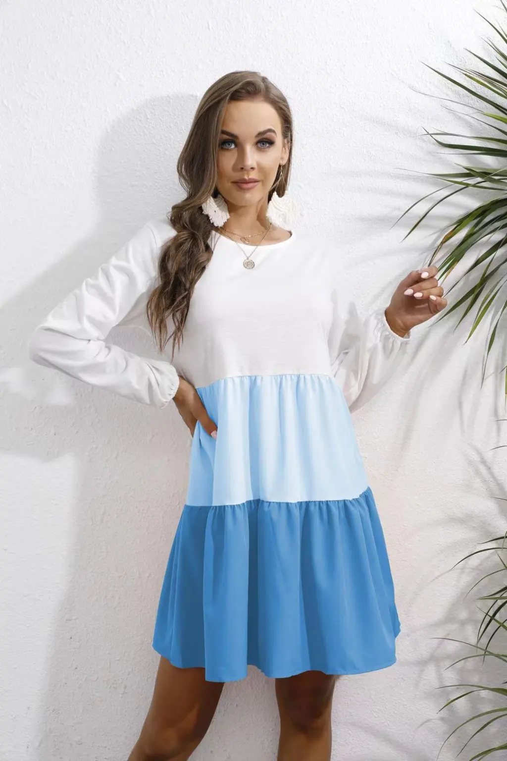European And American Stitching Contrast Color Long-sleeved Round Neck Dress - Blue