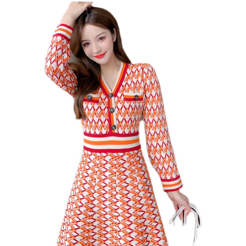 French Retro Contrast Color Plaid Temperament Small Fragrance Long-sleeved Knitted Dress