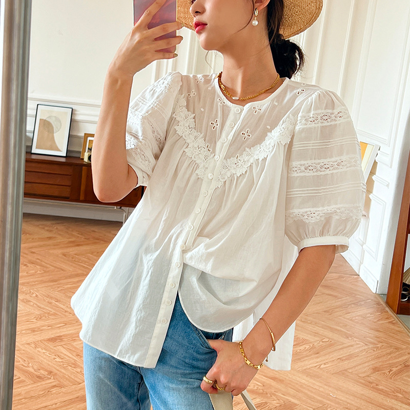 Women's Elegant Puff Sleeve Embroidered Shirt Top
