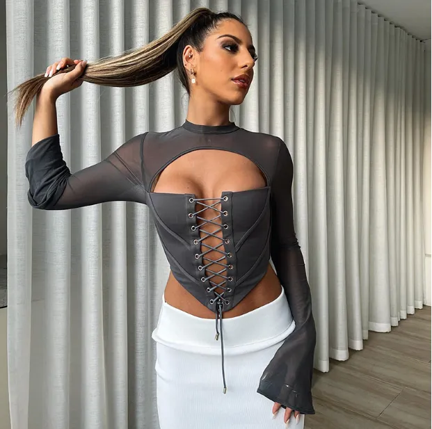 Women's Autumn New Solid Color Casual Backless Round Neck Long Sleeve Tied Mesh Slim Fit Top Dark Gray - Shop at LoveMi