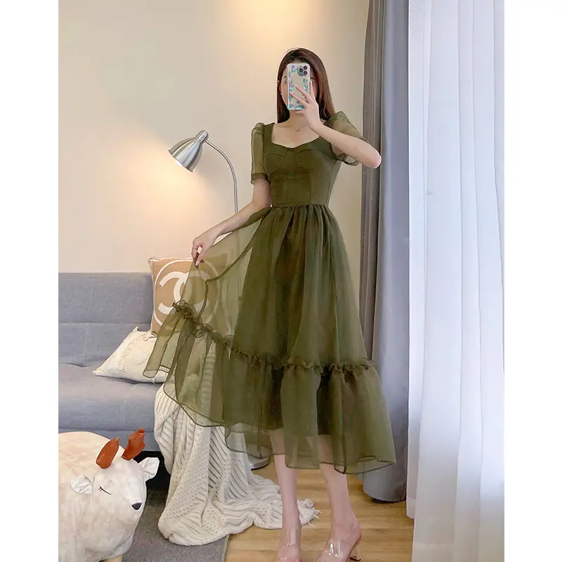 Bird Green Strap Dress Women's Chiffon