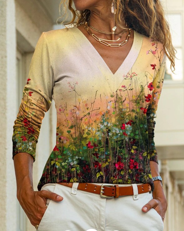 Title 6, New Printed V-neck Long-sleeve T-shirt For Women