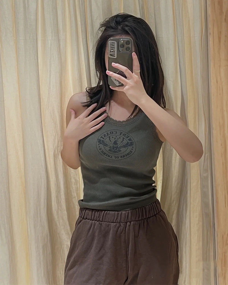 Salted Vegetable Green Eagle Print Suspender Top